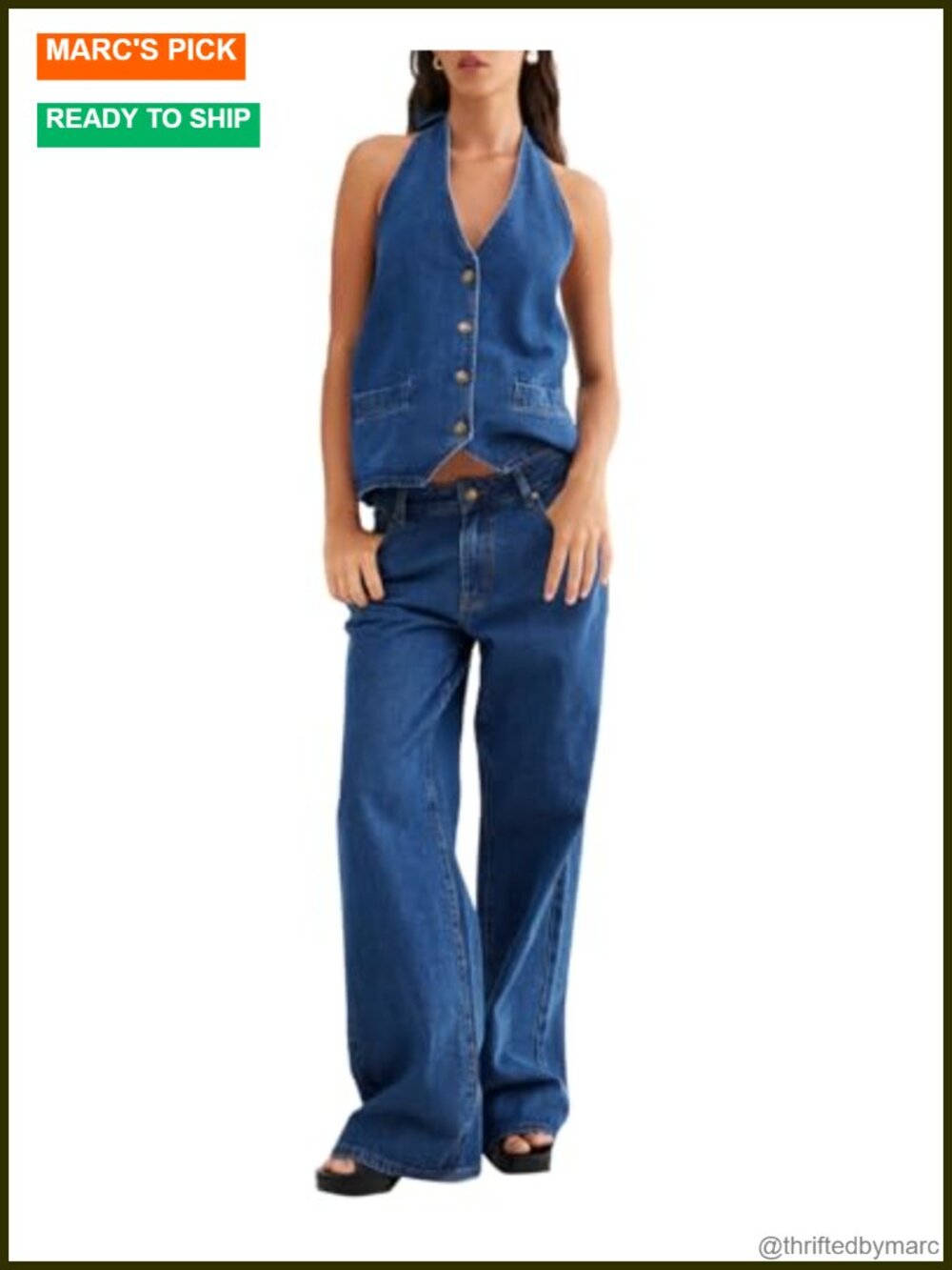 Two Piece Denim Set Sleeveless Button Down Tank Top Wide Leg Jeans Outfit
